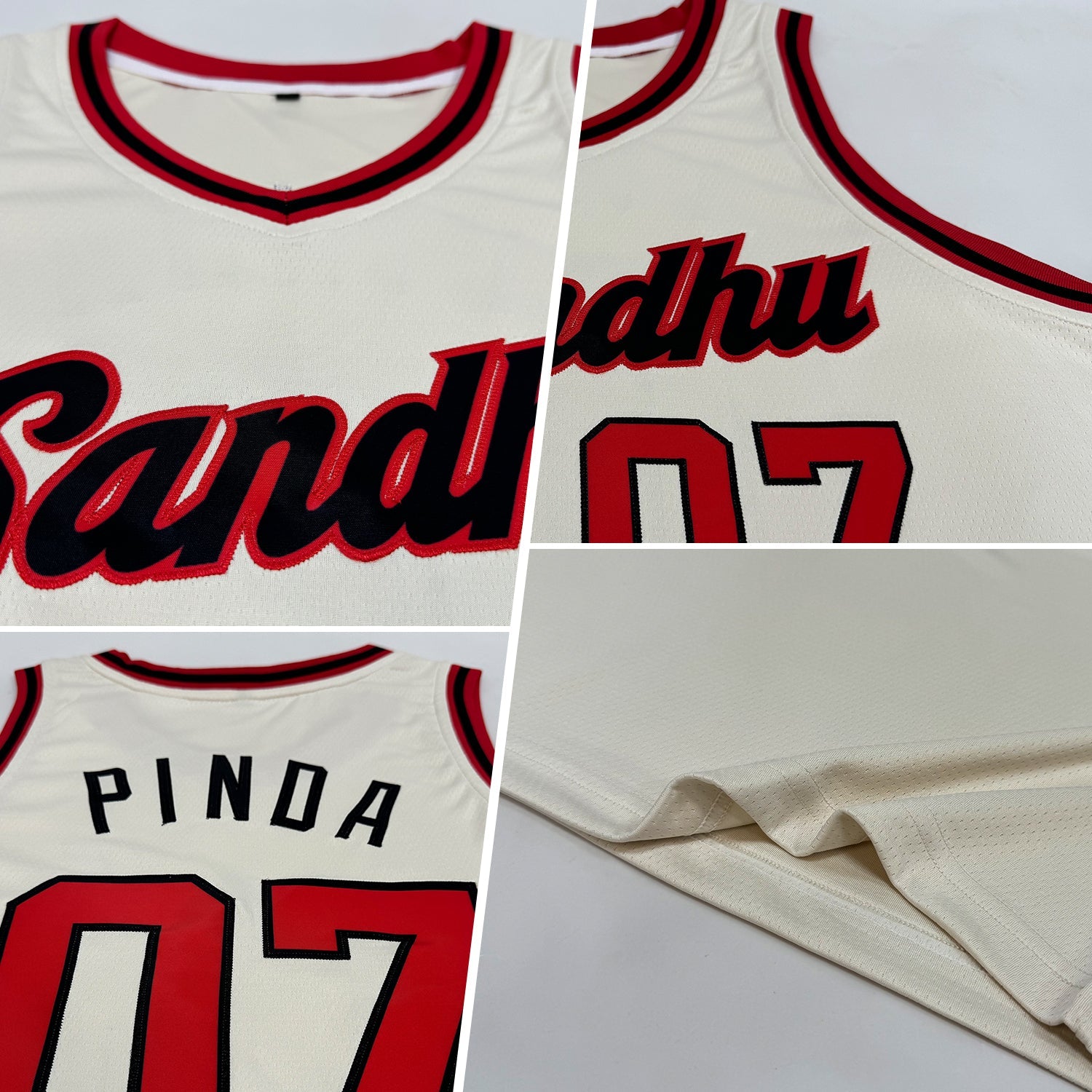 Custom Cream Red-Black Round Neck Rib-Knit Basketball Jersey view 2