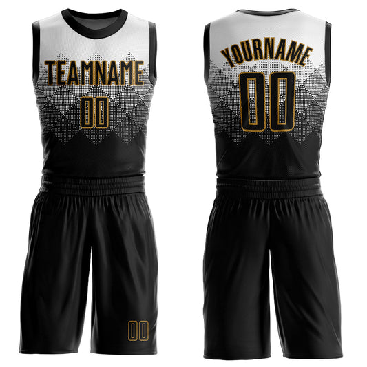 Custom White Black-Old Gold Round Neck Sublimation Basketball Uniform Jersey - Main View
