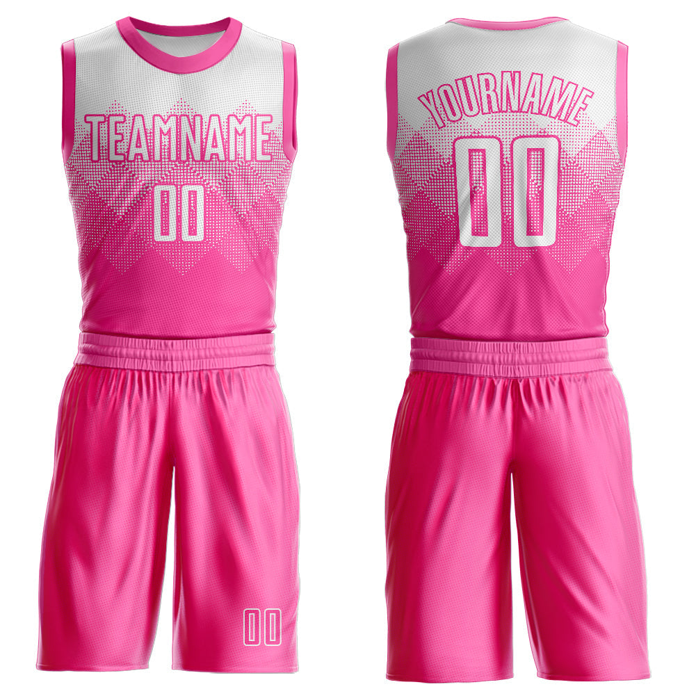 Custom Pink White Round Neck Sublimation Basketball Uniform Jersey - Main View