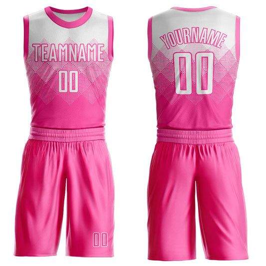 Custom Pink White Round Neck Sublimation Basketball Uniform Jersey - Main View