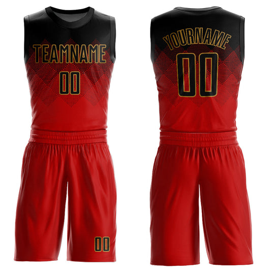 Custom Red Black-Old Gold Round Neck Sublimation Basketball Uniform Jersey - Main View