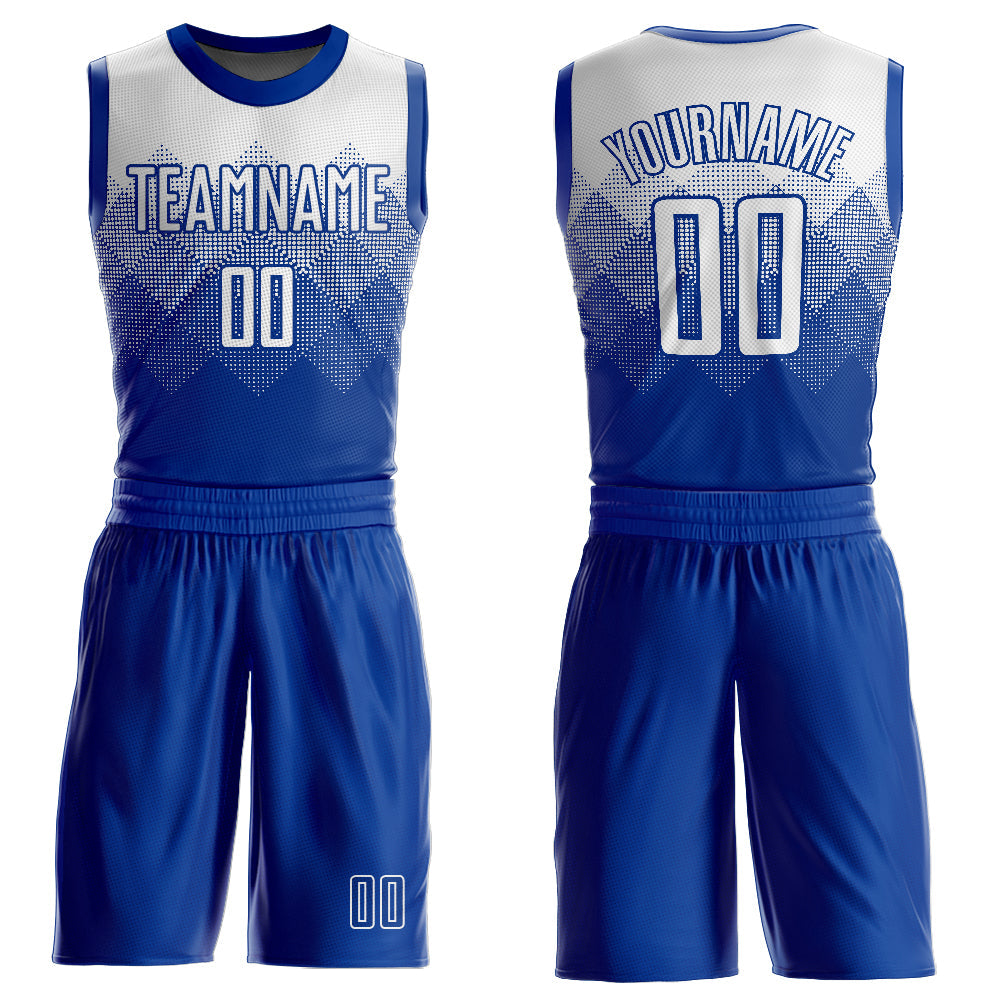 Custom Royal White Round Neck Sublimation Basketball Uniform Jersey - Main View