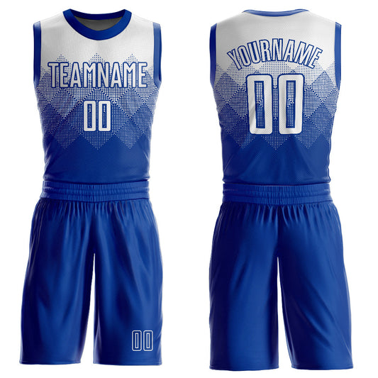 Custom Royal White Round Neck Sublimation Basketball Uniform Jersey - Main View