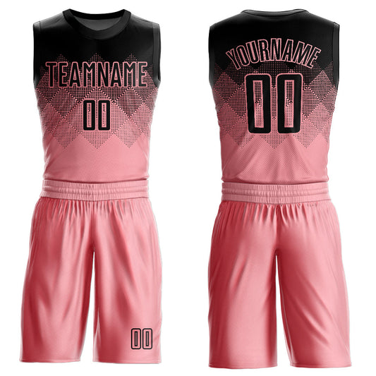 Custom Medium Pink Black Round Neck Sublimation Basketball Uniform Jersey - Main View