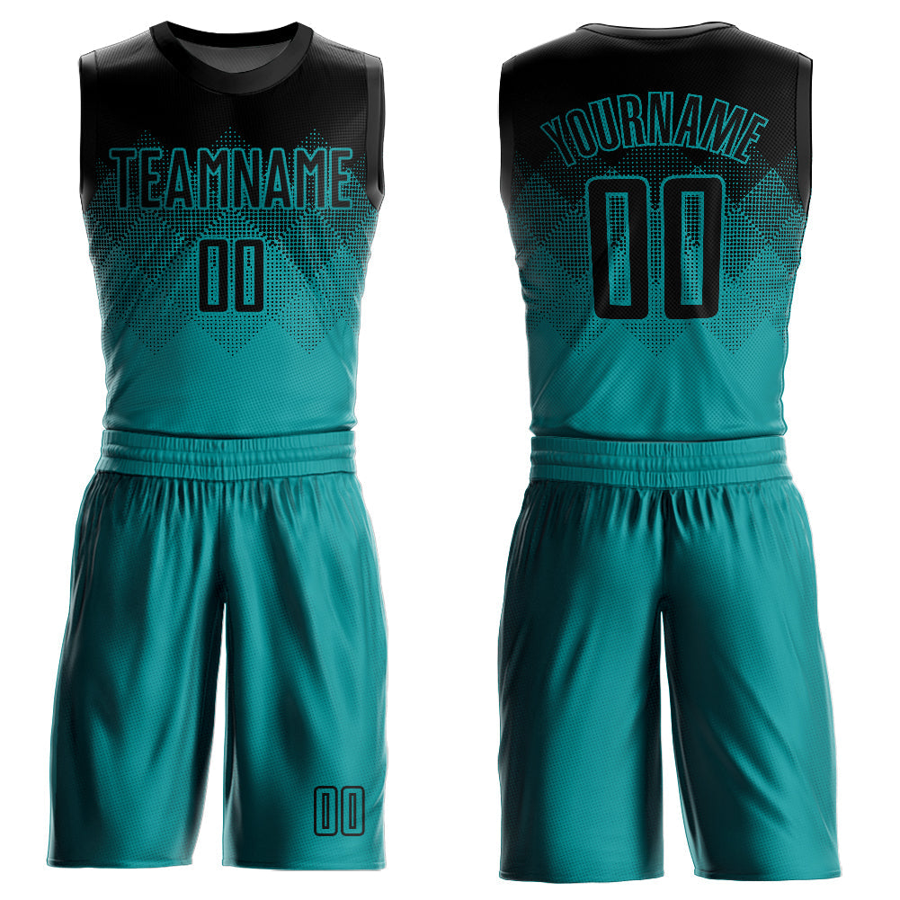 Custom Teal Black Round Neck Sublimation Basketball Uniform Jersey - Main View