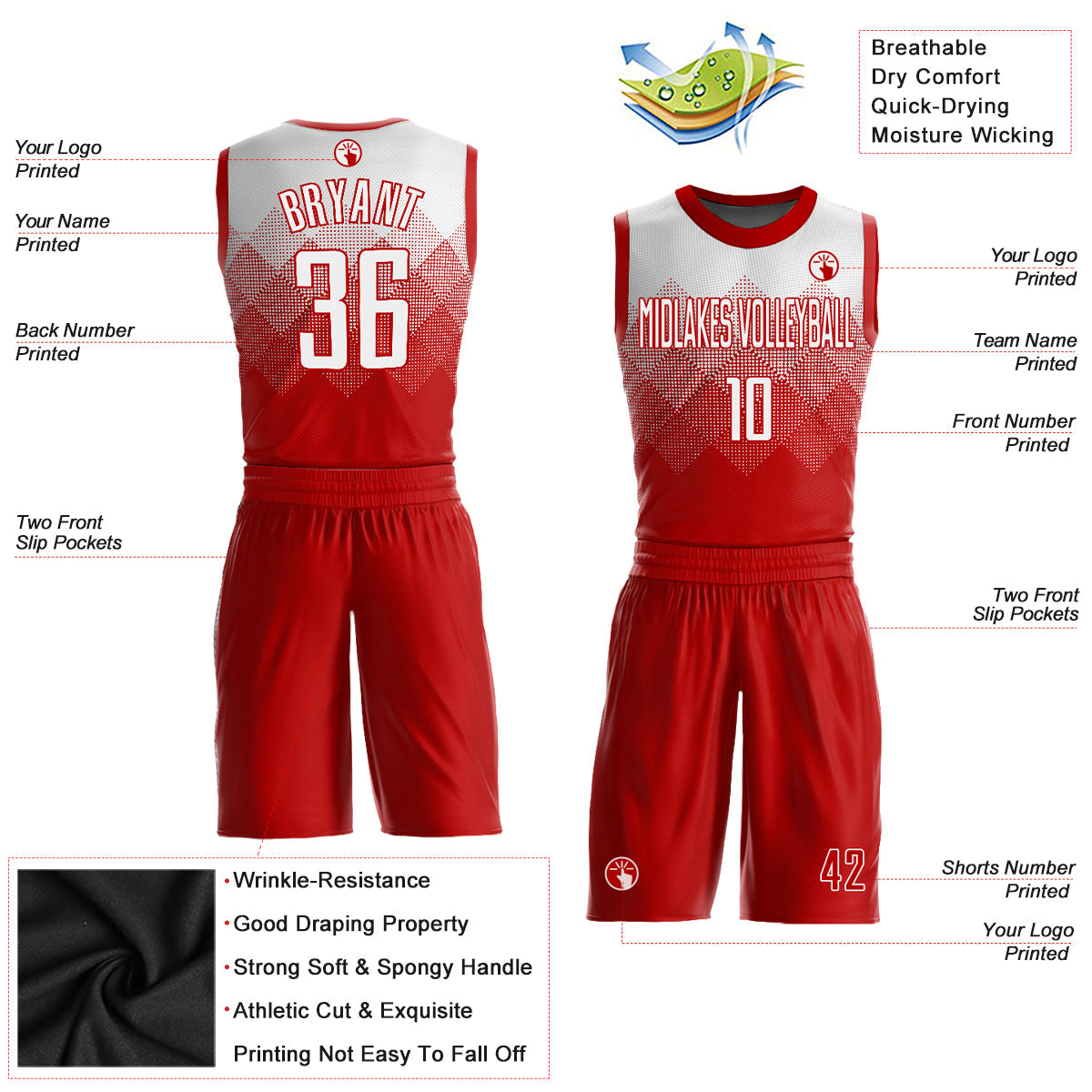 Custom Red White Round Neck Sublimation Basketball Uniform Jersey view 2