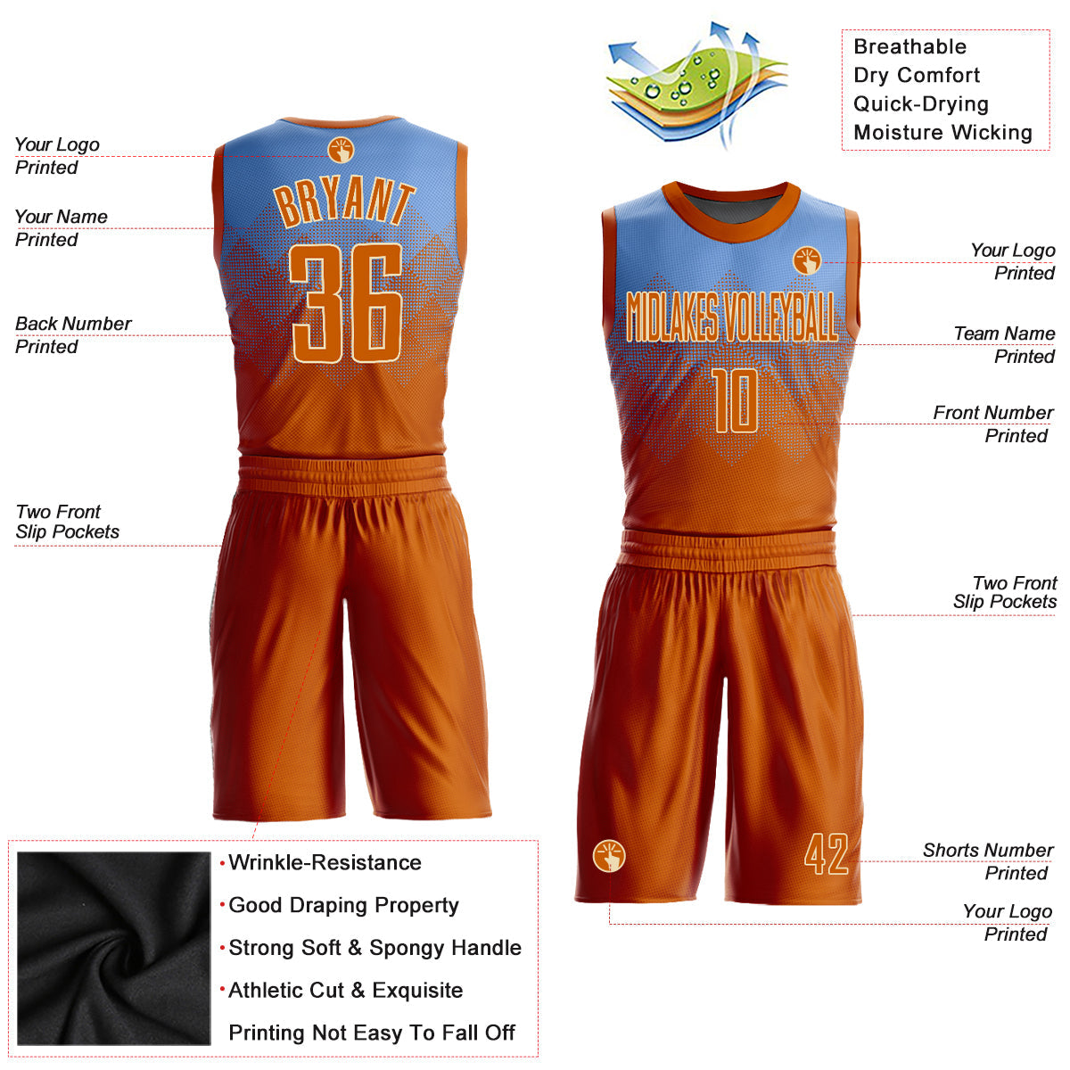 Custom Light Blue Texas Orange-Cream Round Neck Sublimation Basketball Uniform Jersey view 2