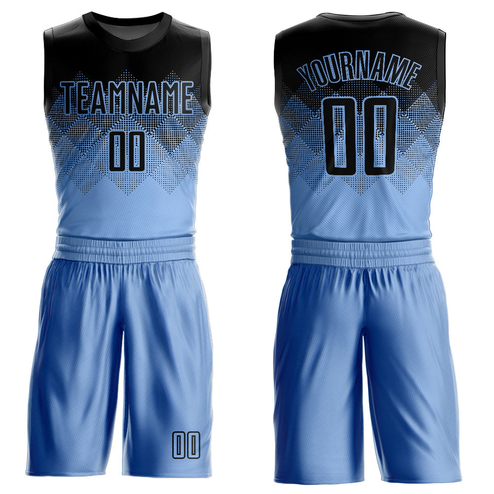 Custom Light Blue Black Round Neck Sublimation Basketball Uniform Jersey - Main View