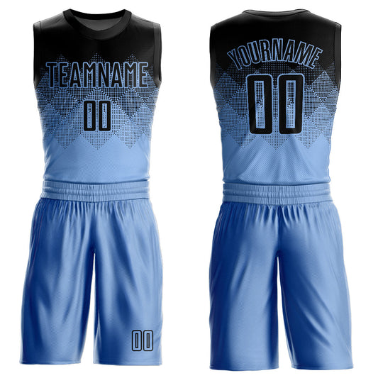 Custom Light Blue Black Round Neck Sublimation Basketball Uniform Jersey - Main View
