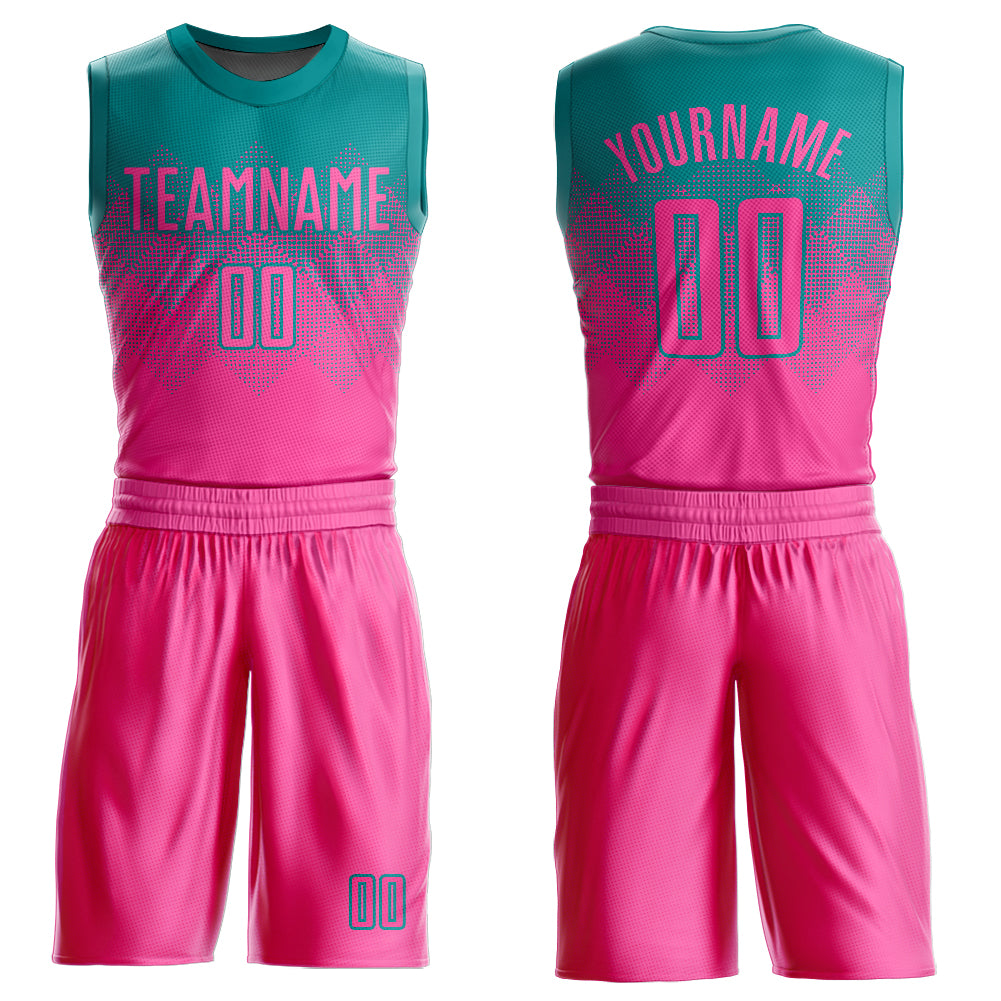 Custom Teal Pink Round Neck Sublimation Basketball Uniform Jersey - Main View