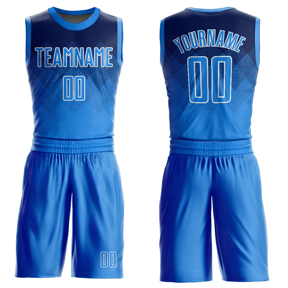 Custom Navy Powder Blue-White Round Neck Sublimation Basketball Uniform Jersey - Main View