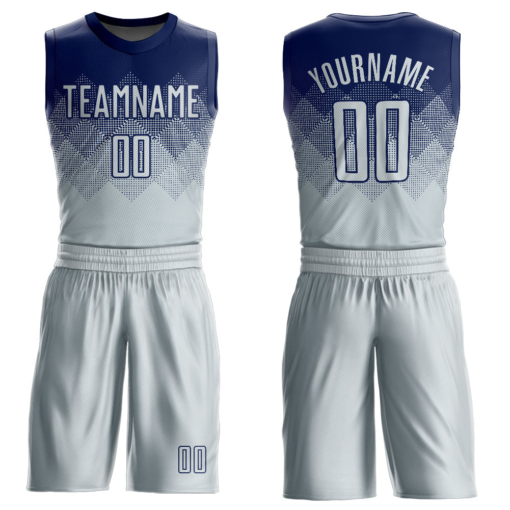 Custom Navy Silver Round Neck Sublimation Basketball Uniform Jersey - Main View