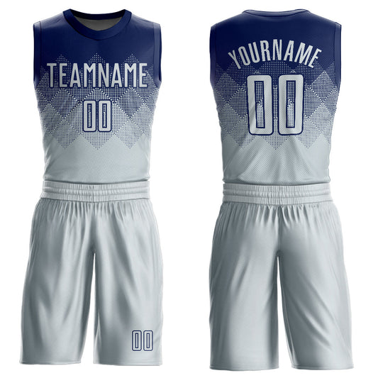 Custom Navy Silver Round Neck Sublimation Basketball Uniform Jersey - Main View