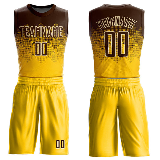 Custom Yellow Brown-Cream Round Neck Sublimation Basketball Uniform Jersey - Main View