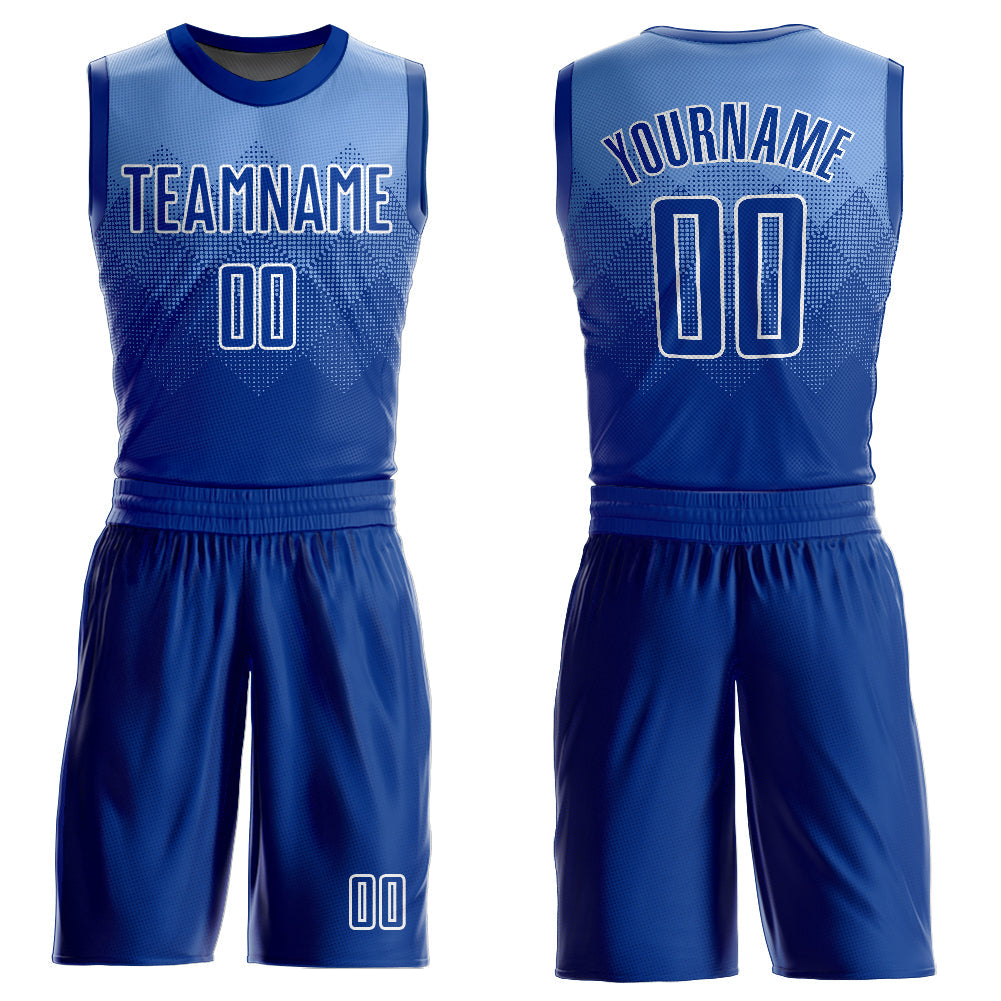 Custom Light Blue Royal-White Round Neck Sublimation Basketball Uniform Jersey - Main View