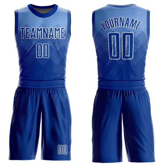 Custom Light Blue Royal-White Round Neck Sublimation Basketball Uniform Jersey - Main View