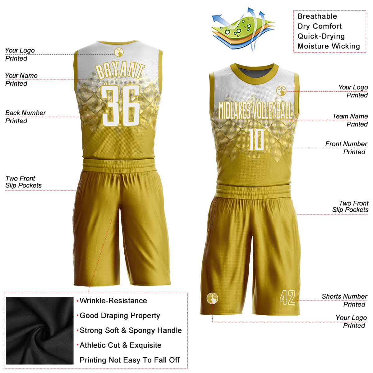 Custom Old Gold White Round Neck Sublimation Basketball Uniform Jersey view 2