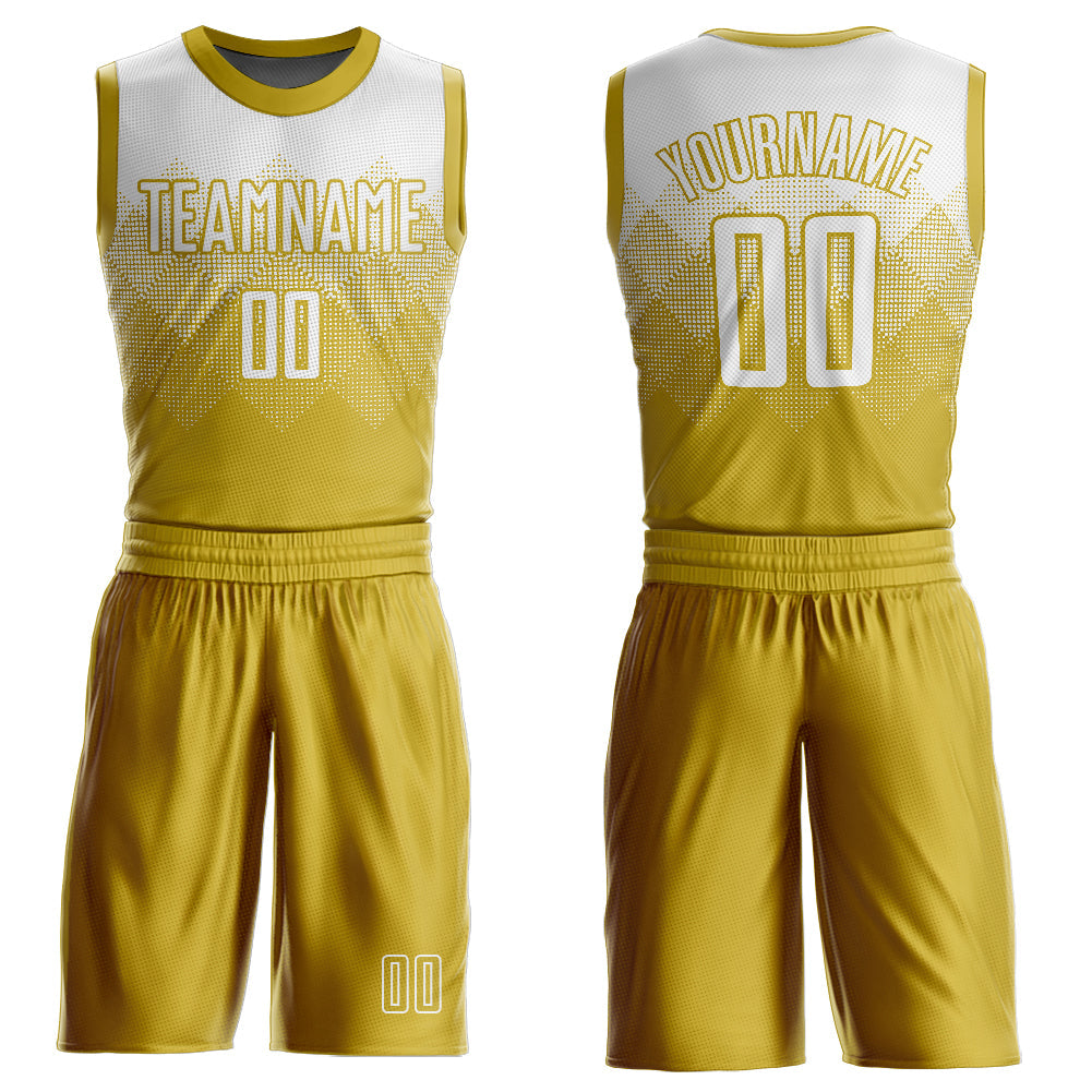 Custom Old Gold White Round Neck Sublimation Basketball Uniform Jersey - Main View
