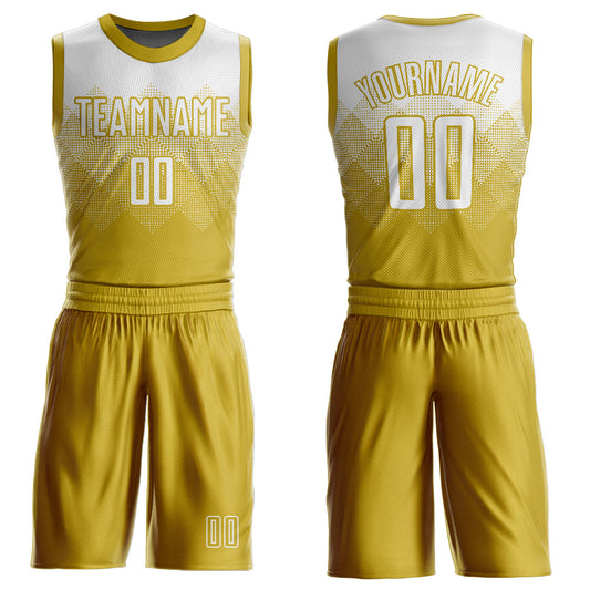 Custom Old Gold White Round Neck Sublimation Basketball Uniform Jersey - Main View