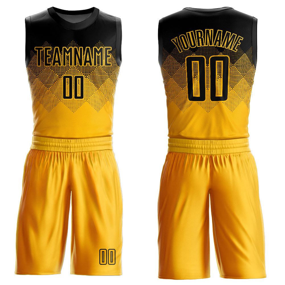 Custom Yellow Black Round Neck Sublimation Basketball Uniform Jersey - Main View