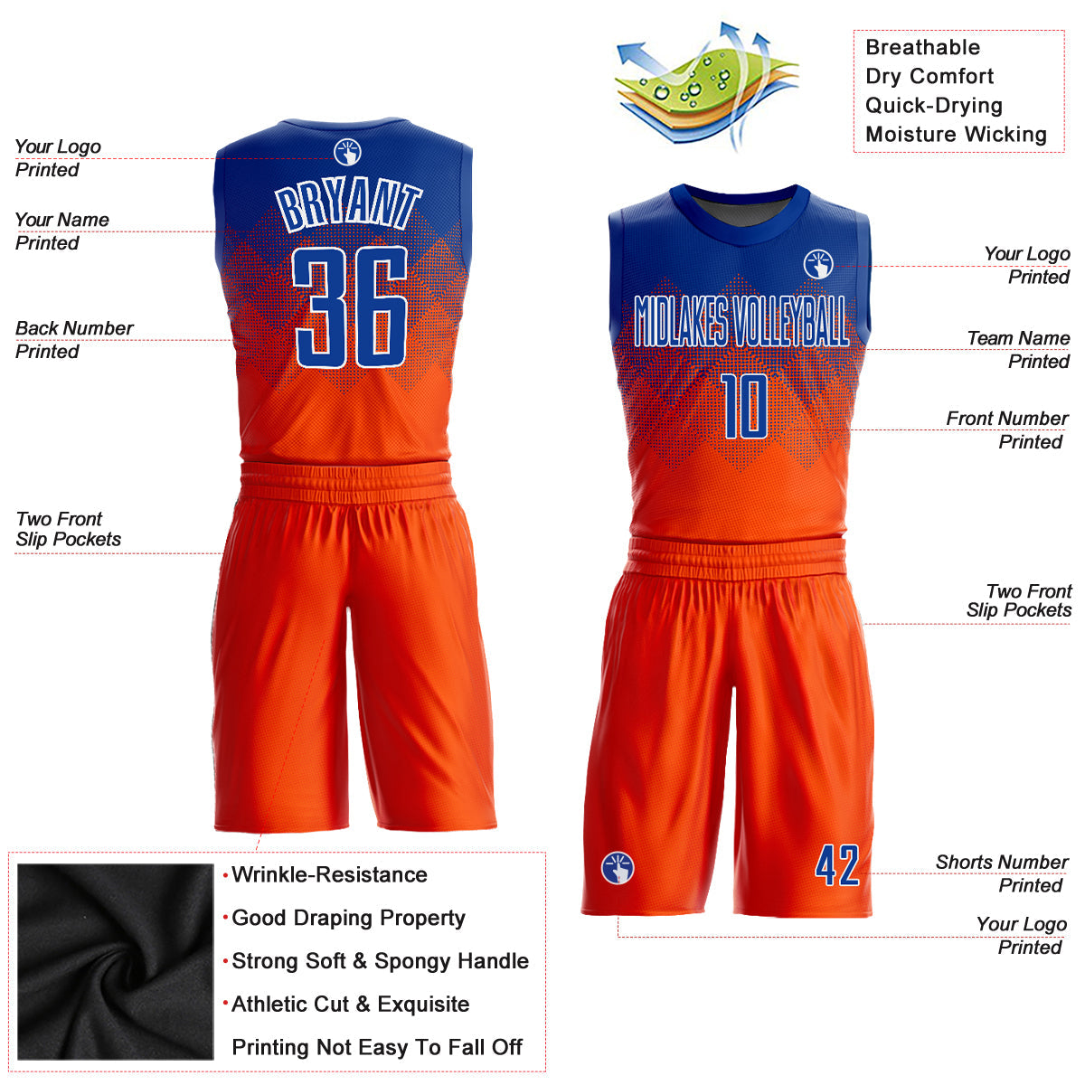 Custom Orange Royal-White Round Neck Sublimation Basketball Uniform Jersey view 2
