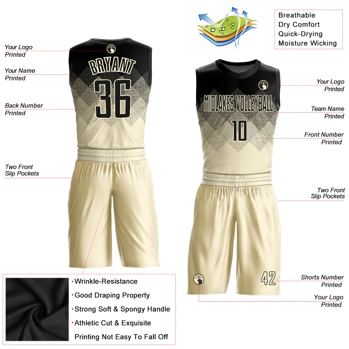Custom Cream Black Round Neck Sublimation Basketball Uniform Jersey view 2