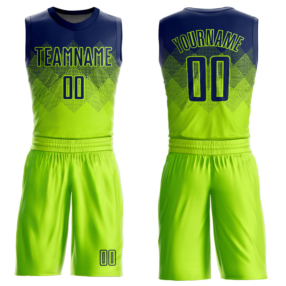 Custom Neon Green Navy Round Neck Sublimation Basketball Uniform Jersey - Main View