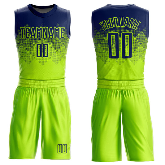 Custom Neon Green Navy Round Neck Sublimation Basketball Uniform Jersey - Main View