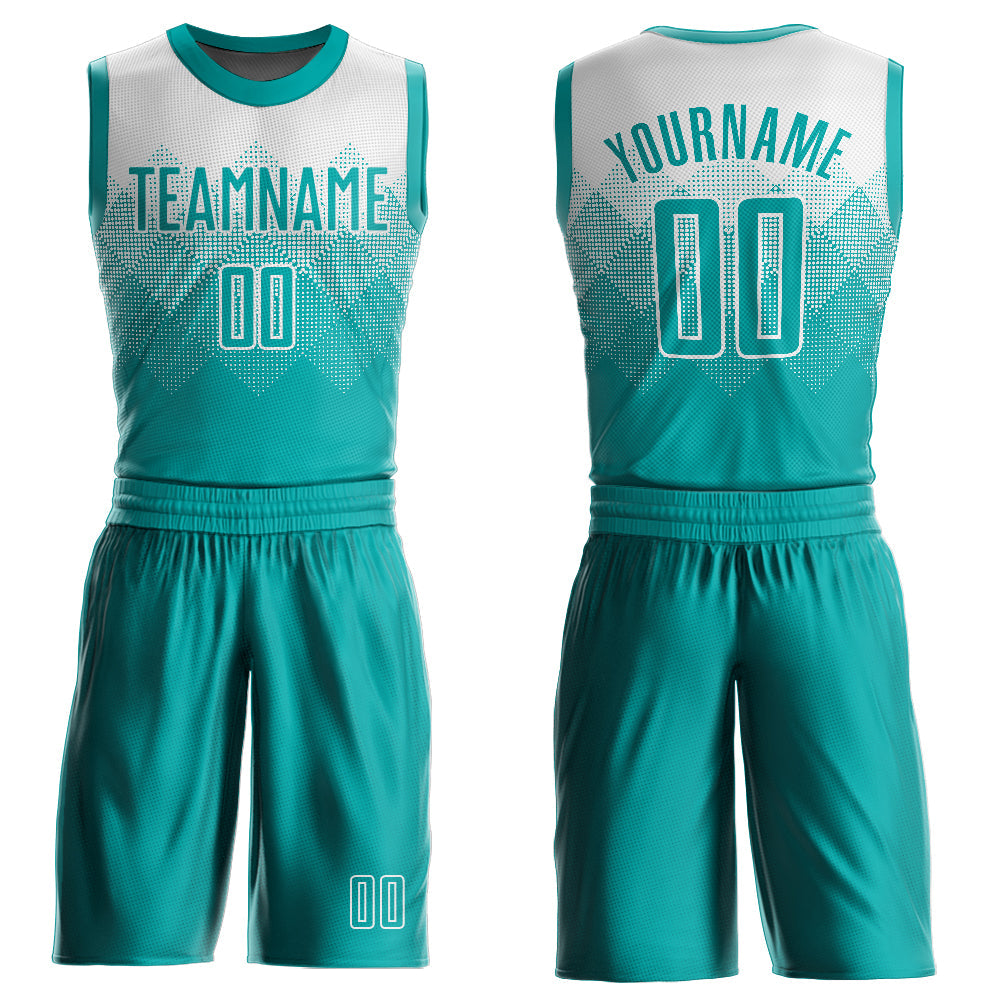 Custom White Aqua Round Neck Sublimation Basketball Uniform Jersey - Main View