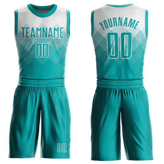 Custom White Aqua Round Neck Sublimation Basketball Uniform Jersey - Main View