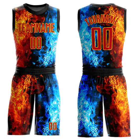 Custom Figure Red-Gold Flame Round Neck Sublimation Basketball Uniform Jersey - Main View