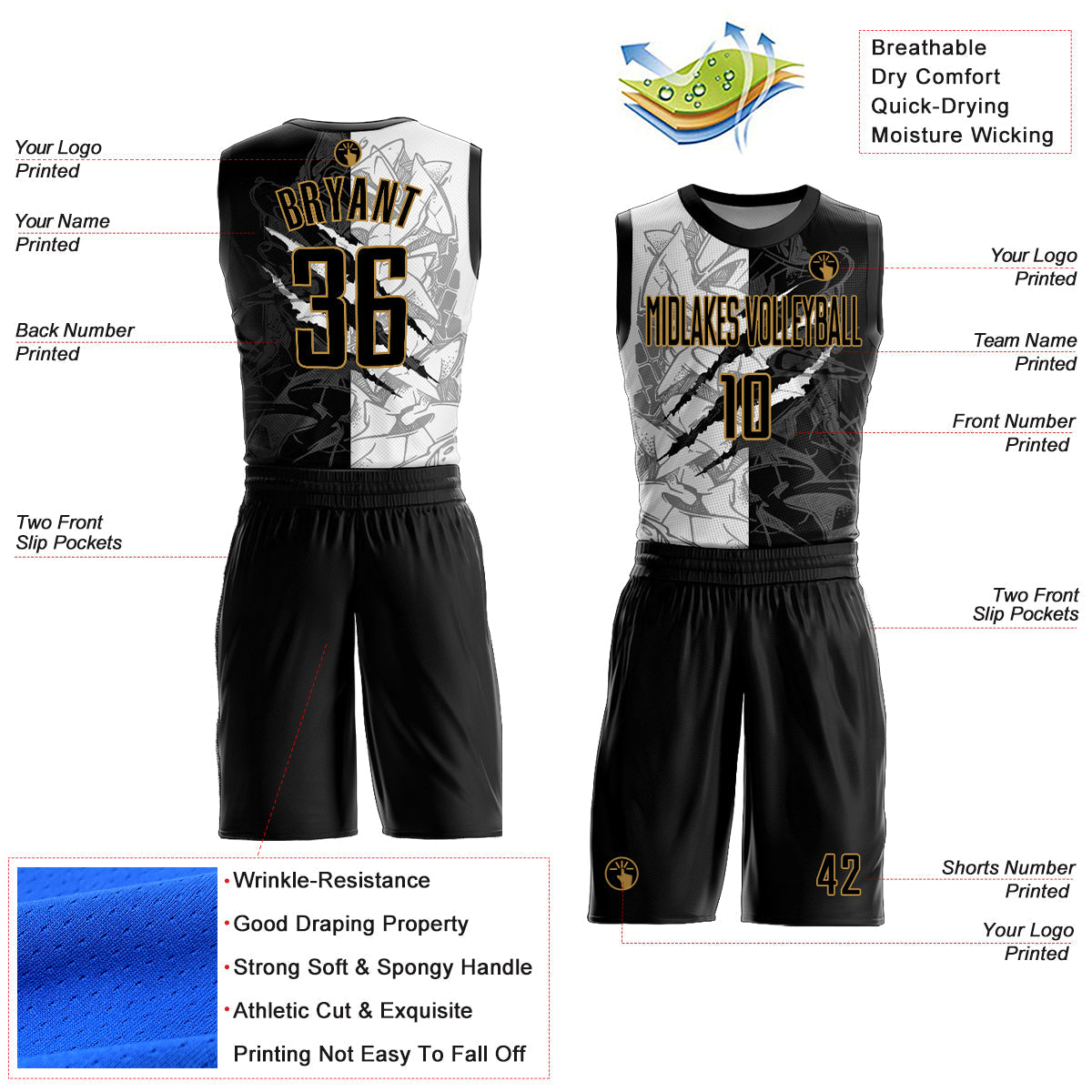 Custom Graffiti Pattern Black-Old Gold Scratch Round Neck Sublimation Basketball Uniform Jersey view 2