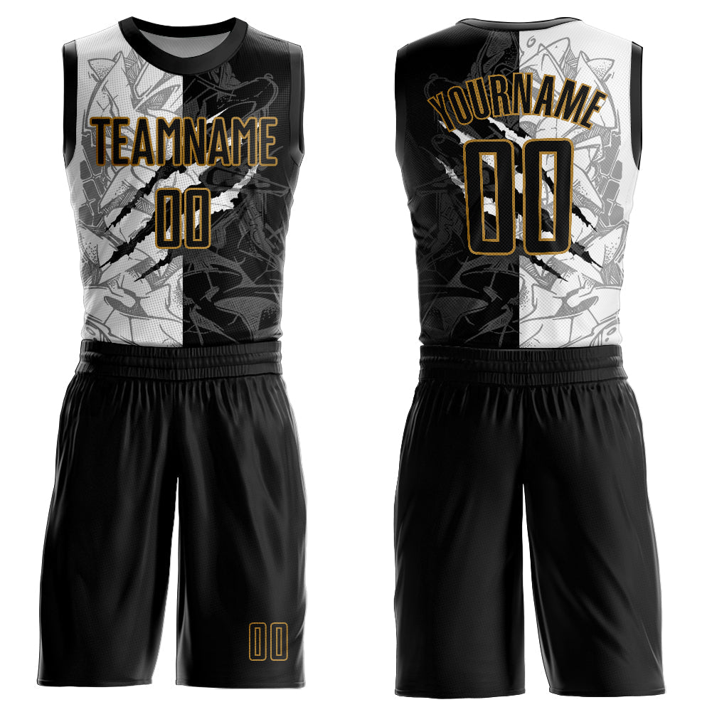 Custom Graffiti Pattern Black-Old Gold Scratch Round Neck Sublimation Basketball Uniform Jersey - Main View