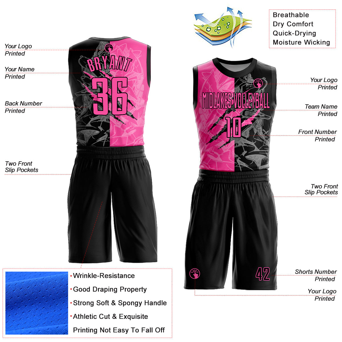 Custom Graffiti Pattern Pink-Black Scratch Round Neck Sublimation Basketball Uniform Jersey view 2