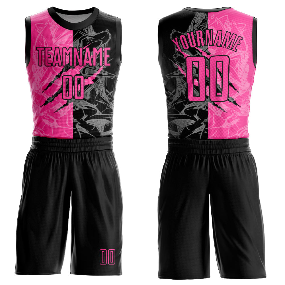 Custom Graffiti Pattern Pink-Black Scratch Round Neck Sublimation Basketball Uniform Jersey - Main View