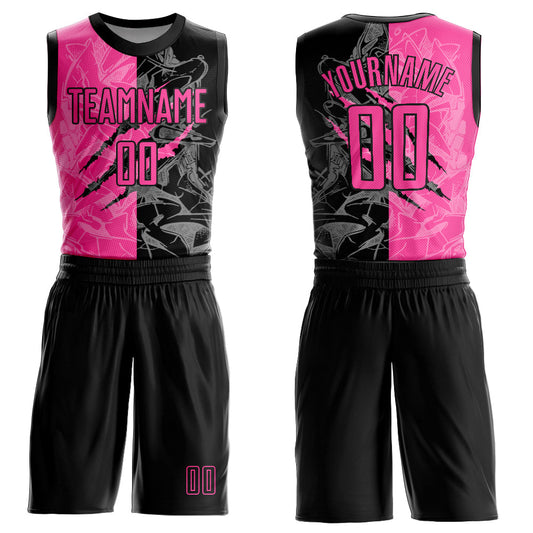 Custom Graffiti Pattern Pink-Black Scratch Round Neck Sublimation Basketball Uniform Jersey - Main View