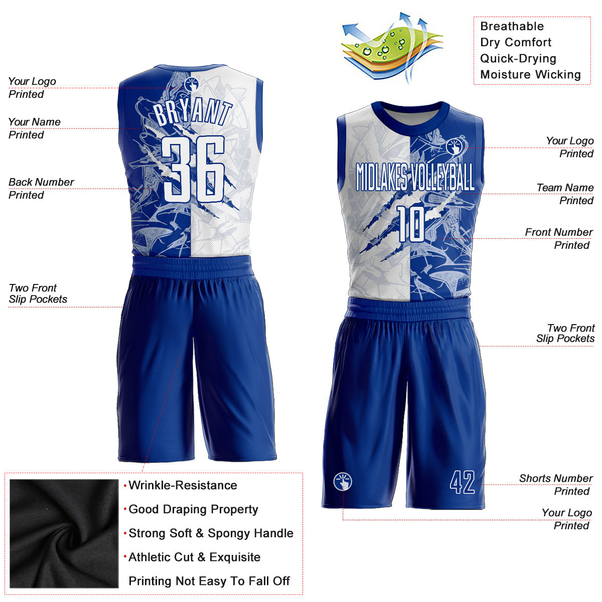 Custom Graffiti Pattern White-Royal Scratch Round Neck Sublimation Basketball Uniform Jersey view 2