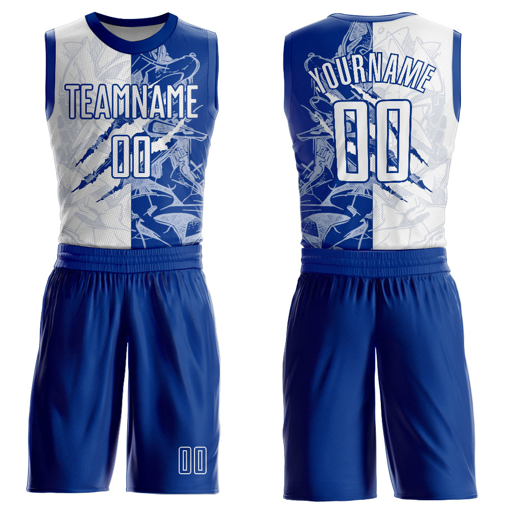 Custom Graffiti Pattern White-Royal Scratch Round Neck Sublimation Basketball Uniform Jersey - Main View