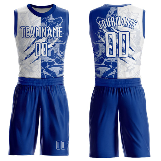 Custom Graffiti Pattern White-Royal Scratch Round Neck Sublimation Basketball Uniform Jersey - Main View
