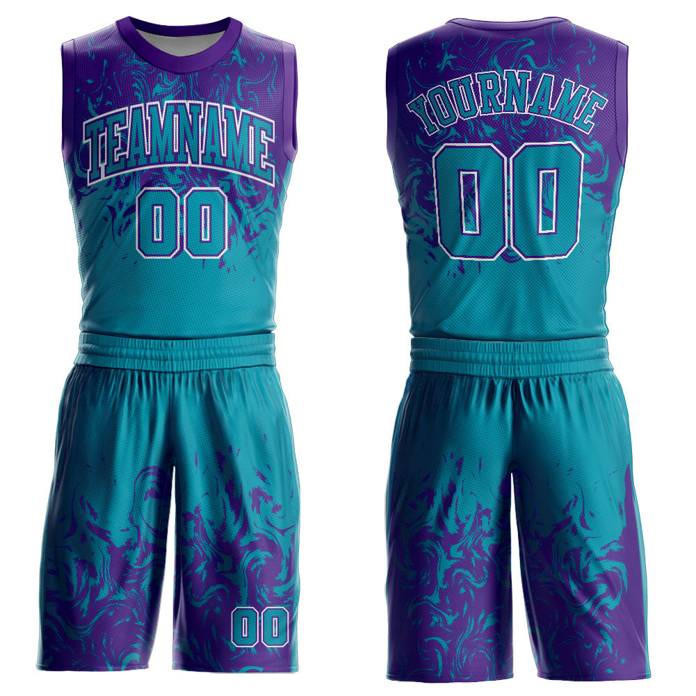 Custom Teal Purple-White Round Neck Sublimation Basketball Uniform Jersey - Main View