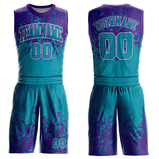 Custom Teal Purple-White Round Neck Sublimation Basketball Uniform Jersey - Main View