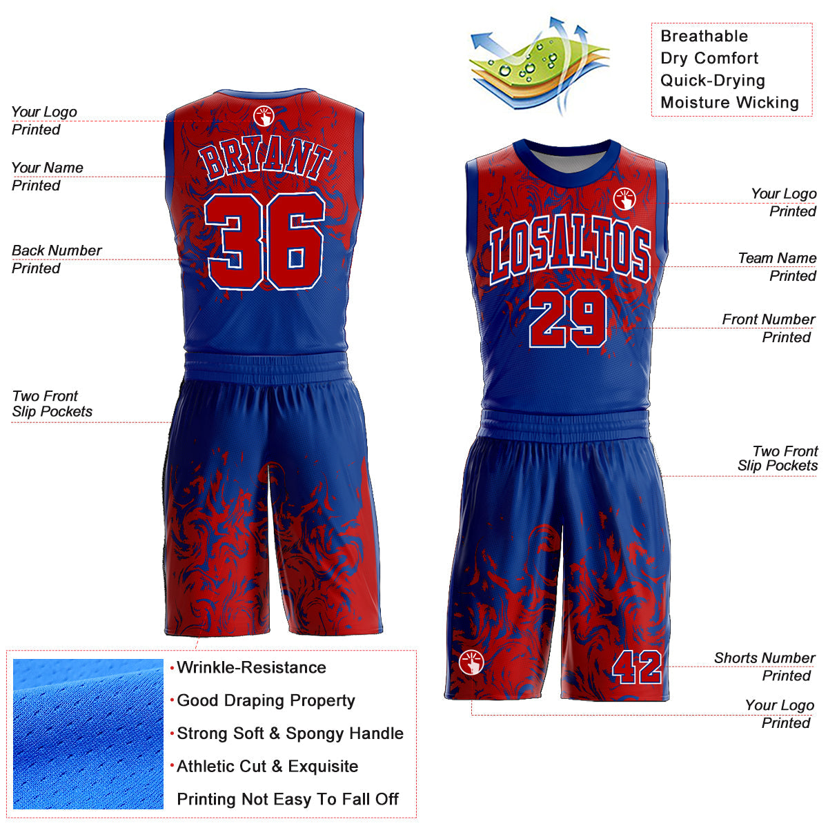 Custom Royal Red-White Round Neck Sublimation Basketball Uniform Jersey view 2