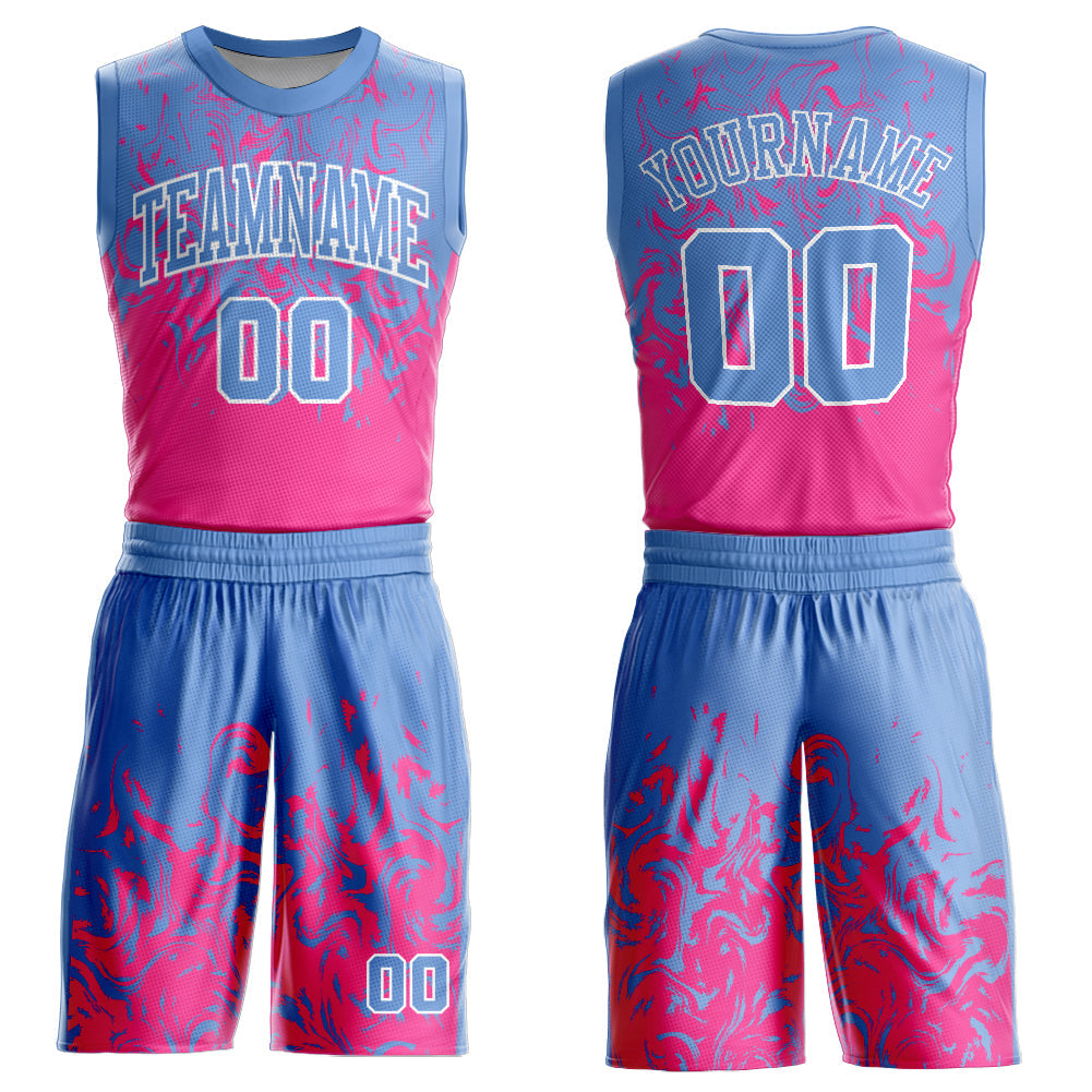 Custom Light Blue Pink-White Round Neck Sublimation Basketball Uniform Jersey - Main View