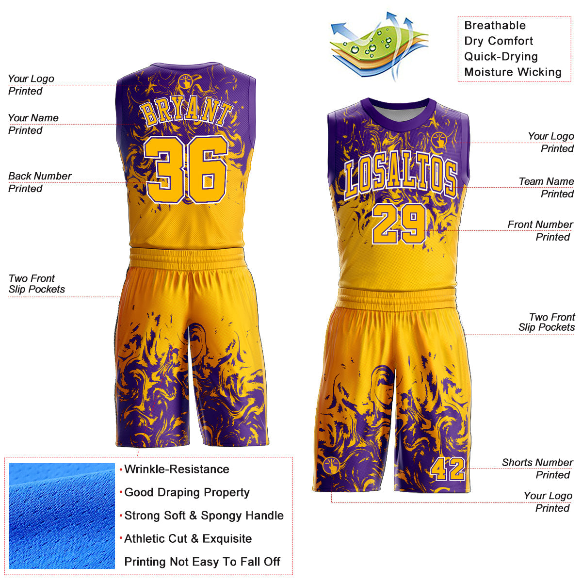 Custom Gold White-Purple Round Neck Sublimation Basketball Uniform Jersey view 2
