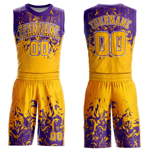 Custom Gold White-Purple Round Neck Sublimation Basketball Uniform Jersey - Main View