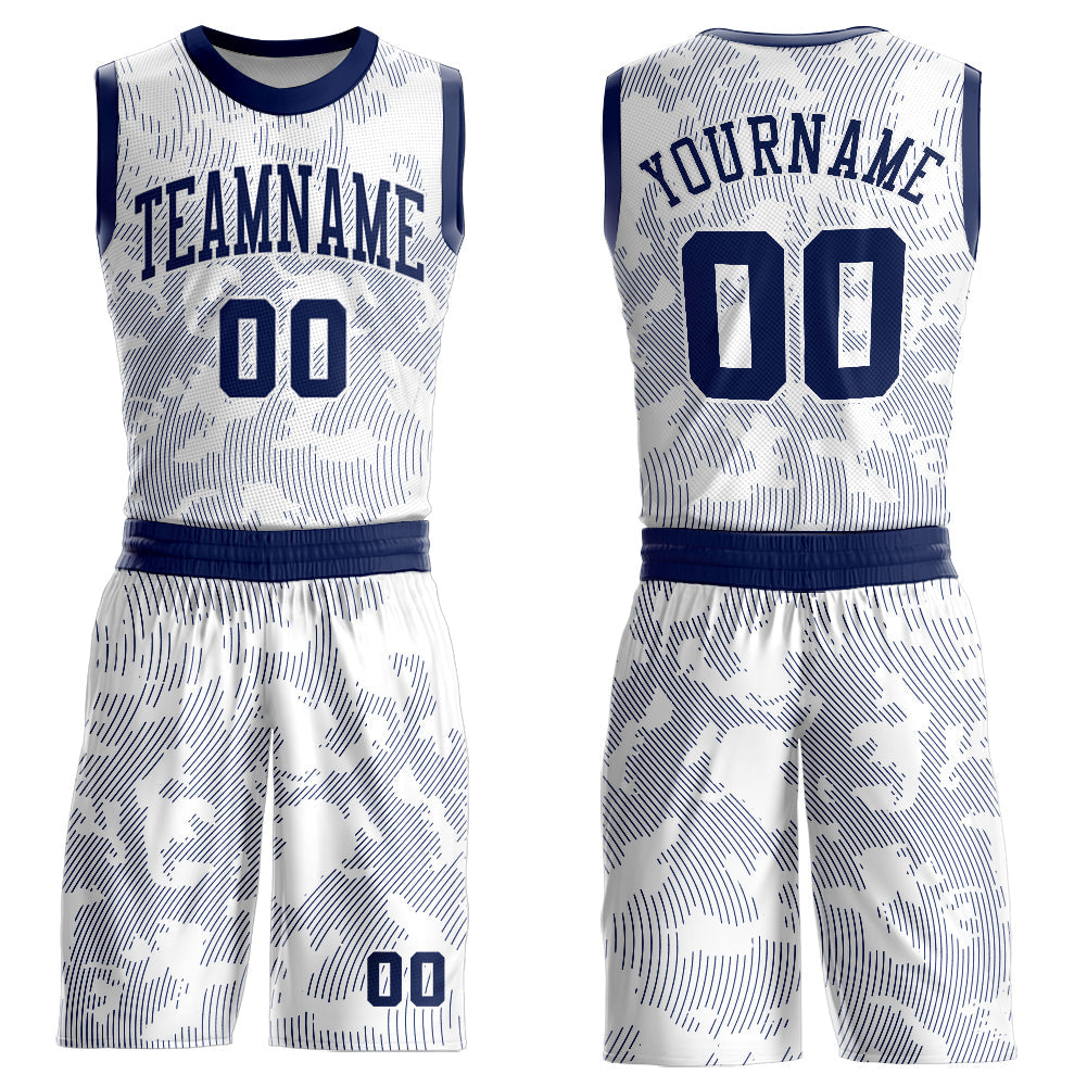 Custom White Navy Round Neck Sublimation Basketball Uniform Jersey - Main View