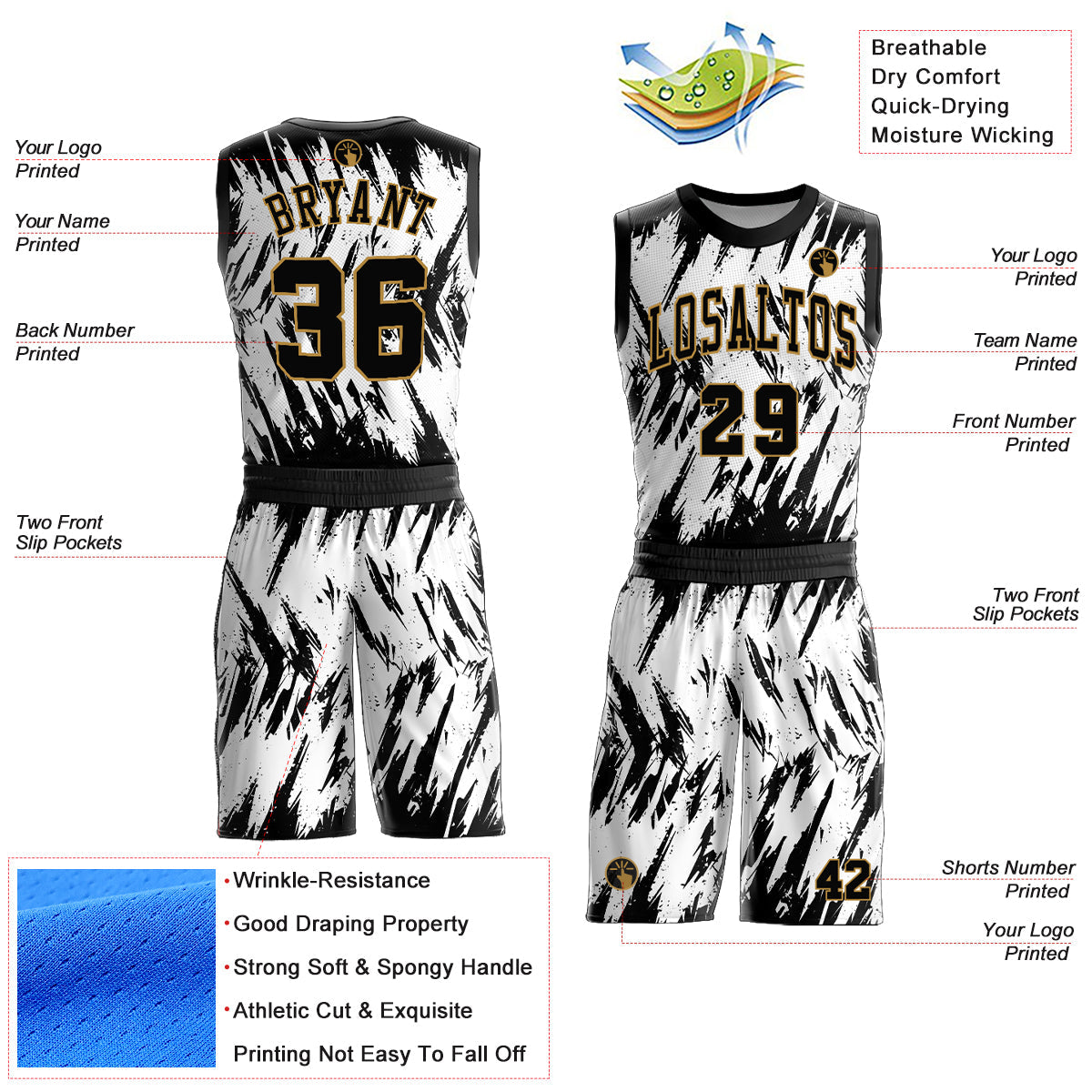 Custom White Black-Old Gold Round Neck Sublimation Basketball Uniform Jersey view 2