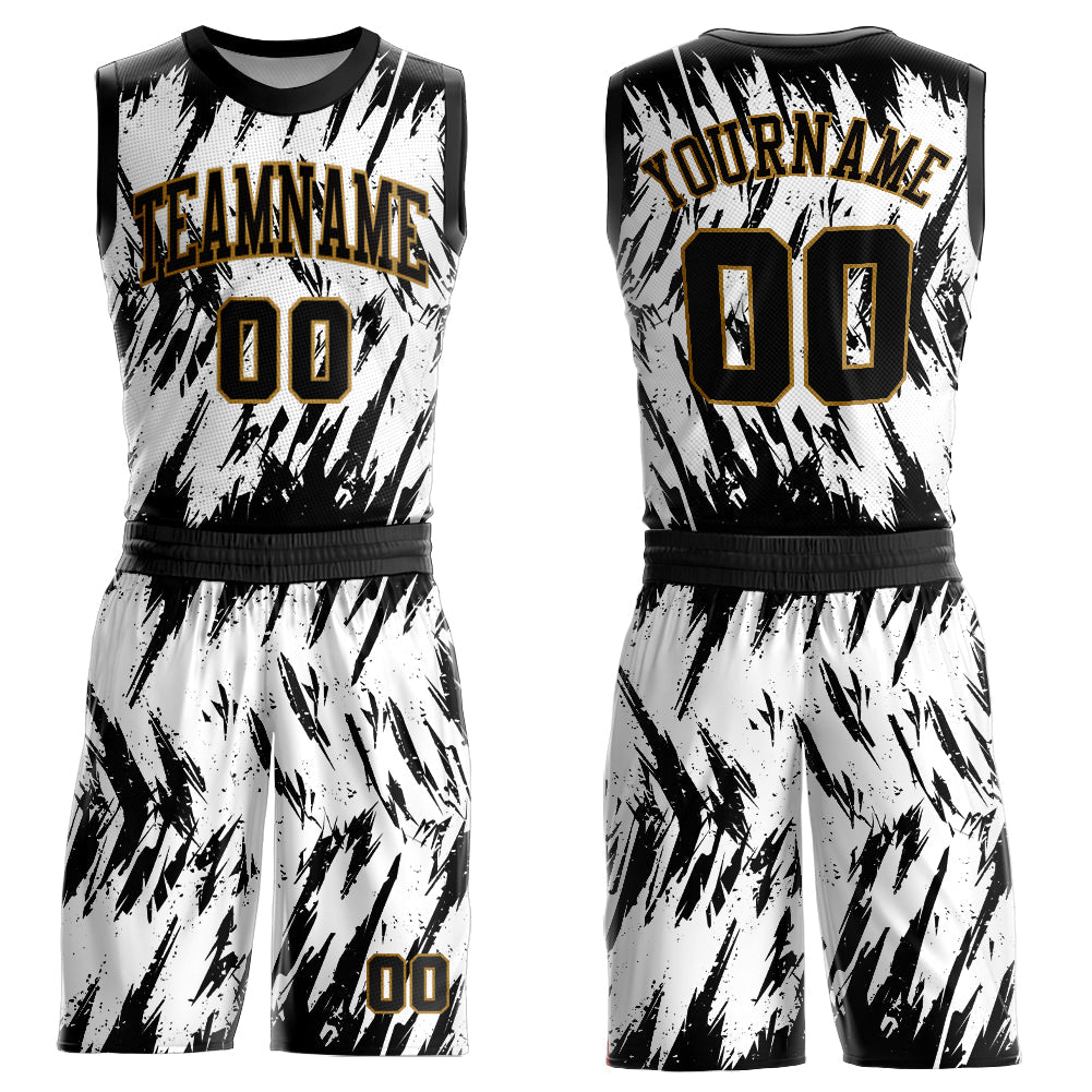 Custom White Black-Old Gold Round Neck Sublimation Basketball Uniform Jersey - Main View