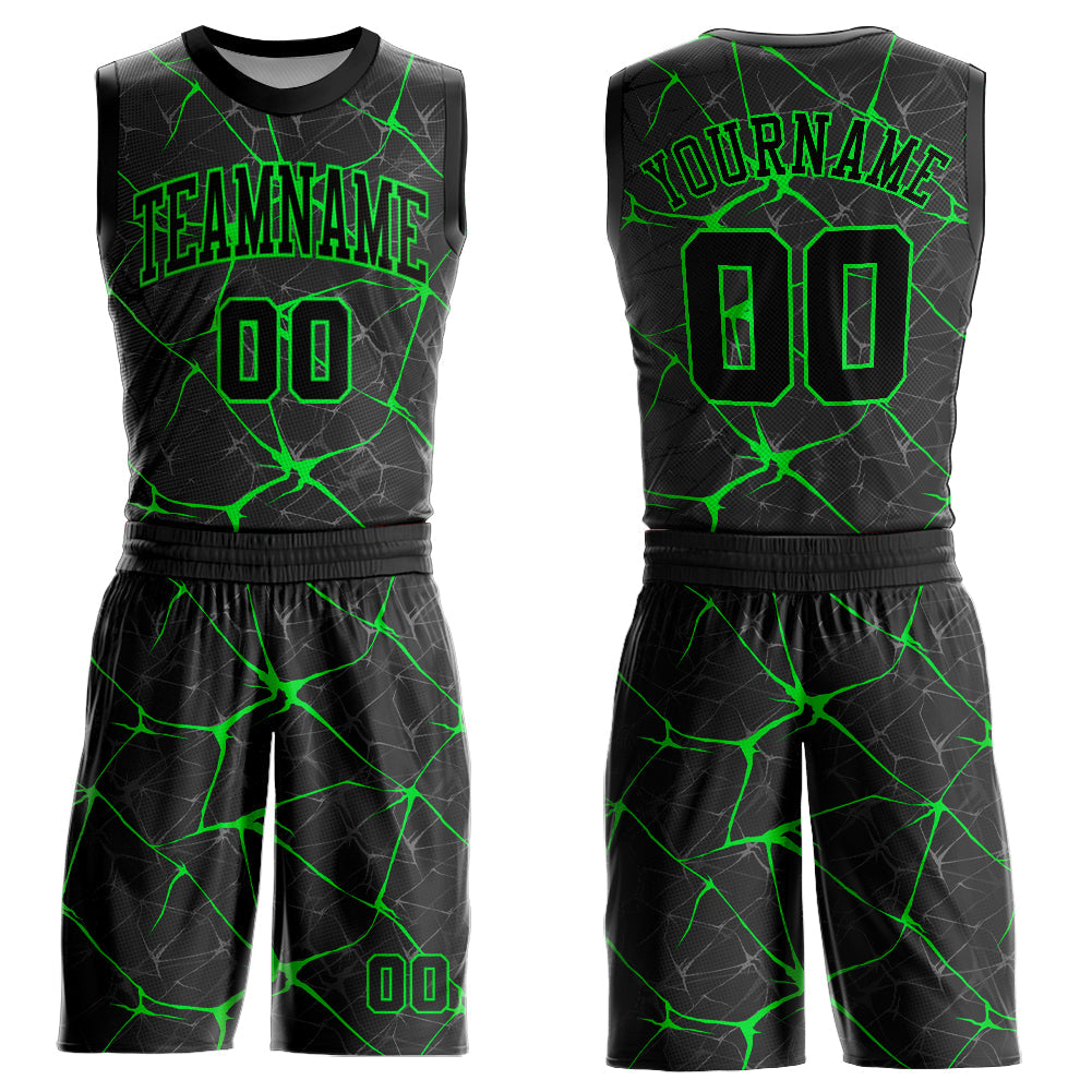 Custom Black Neon Green Round Neck Sublimation Basketball Uniform Jersey - Main View