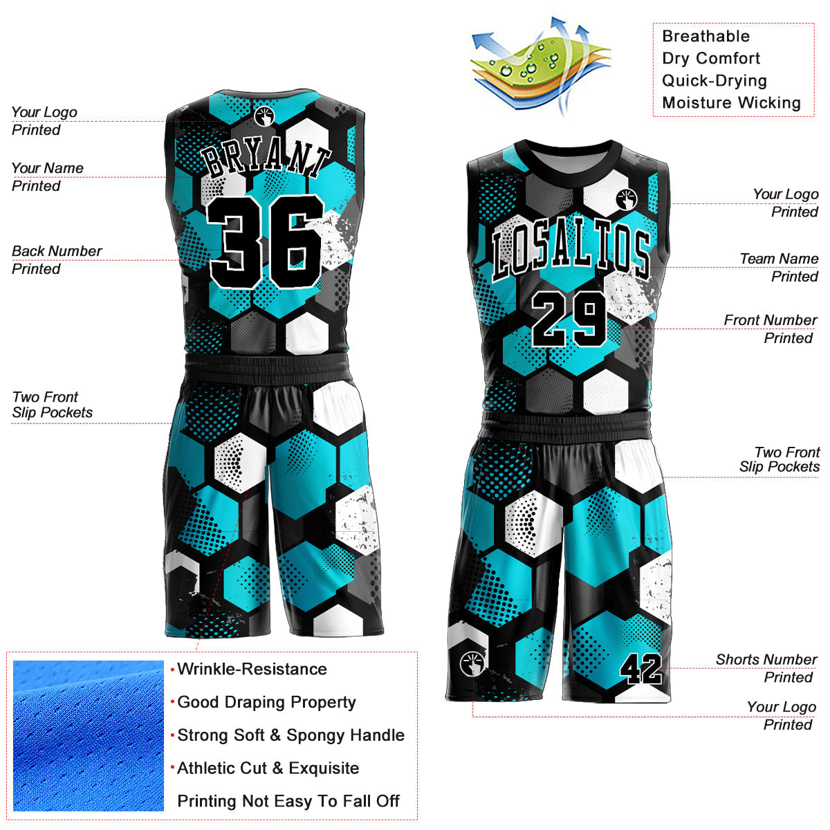 Custom Black Aqua-White Round Neck Sublimation Basketball Uniform Jersey view 2